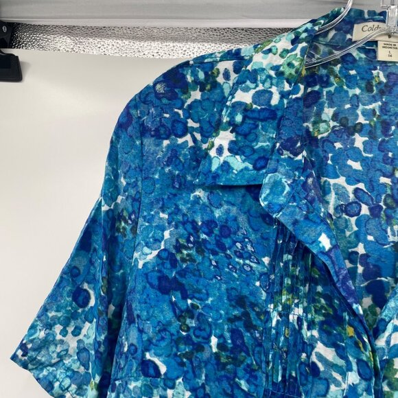 Coldwater Creek Womens Button Up Top Short Sleeve Pleated Blue/Multi Large - Picture 5 of 9